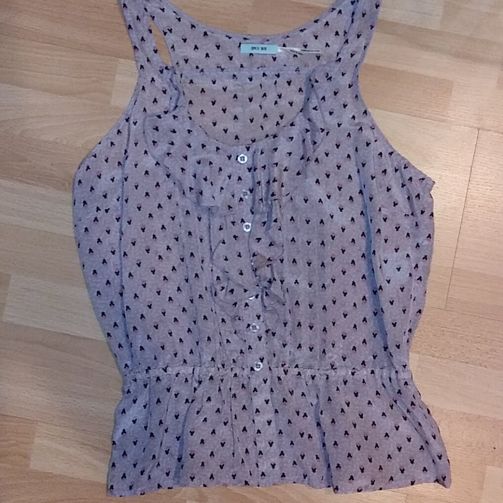 Kimchi Blue Silk Ruffled Grey Pink Floral Blouse